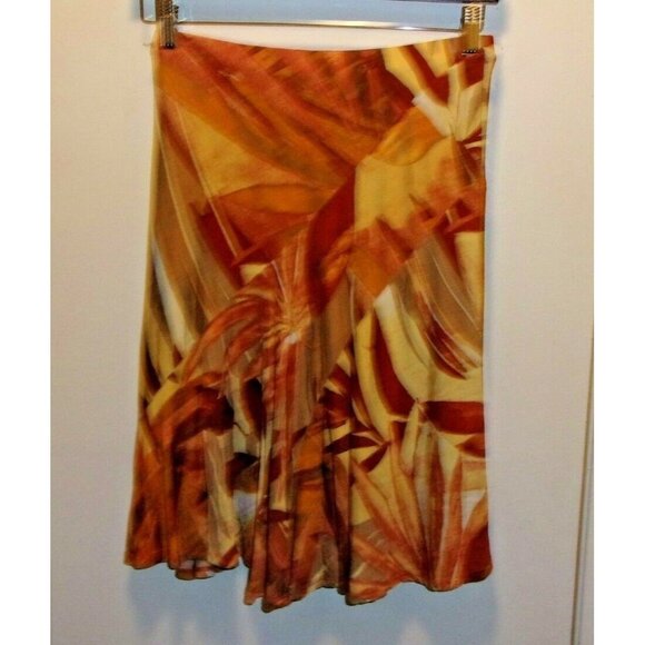 Cache Burgundy Brown Orange Yellow Elastic Waist Godet Leaf Print Skirt S - Picture 3 of 4